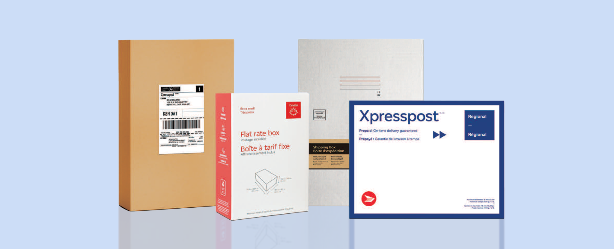 Canada Post packaging products, including a flat rate box, Xpresspost envelope, cardboard shipping box and padded mailer.