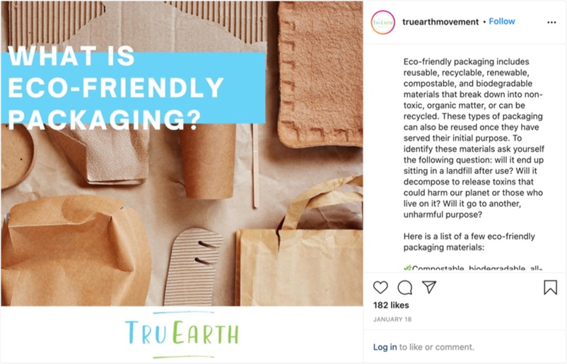An Instagram post from TruEarth defines eco-friendly packaging and shares a list of eco-friendly packaging materials.
