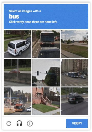 A CAPTCHA grid of 9 images that says “Select all images with a bus. Click verify one there are none left.”