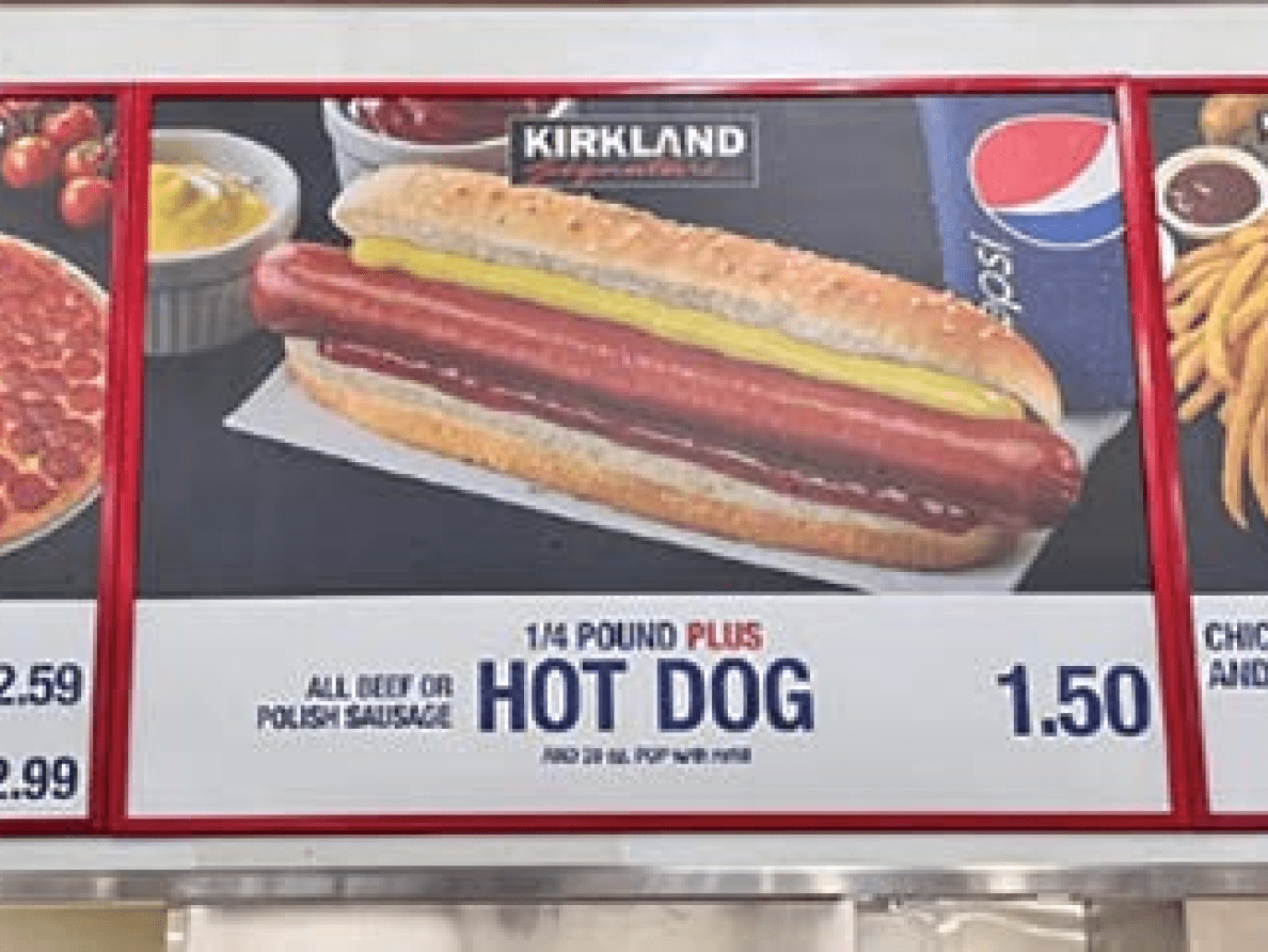 A menu board at Costco showing their hot dog for sale at $1.50.