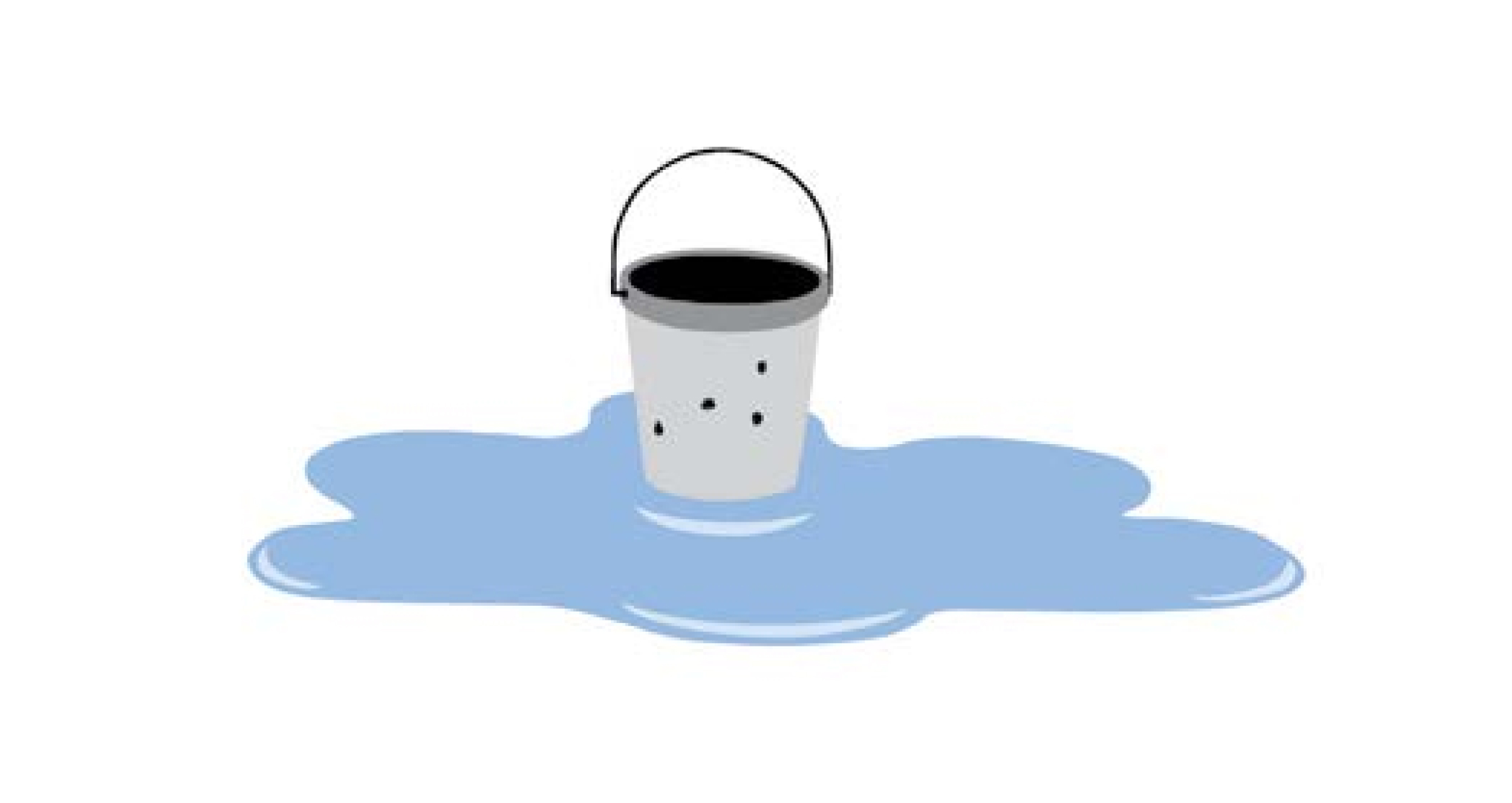 An illustration of a bucket. There are holes in the bucket and water is draining out into a puddle on the floor.