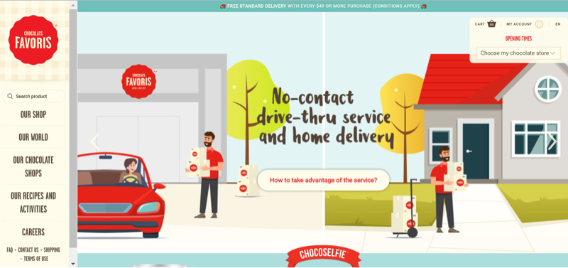 A homepage banner on Chocolats Favoris’ website promotes their no-contact drive-through and home delivery services.