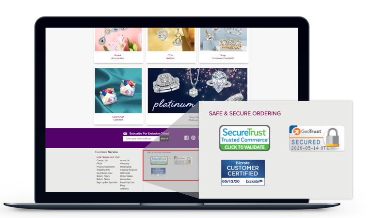 Palm Beach Jewelry prominently presents its security certifications on its website.