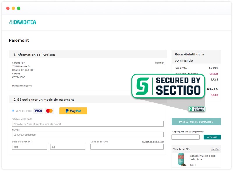 La page des transactions de Les Thés DAVIDsTEA est sécurisée par Sectigo.