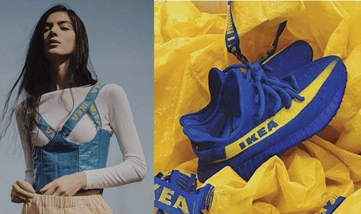 Des exemples d’articles aux couleurs d’IKEA, dont un bustier fait à partir d’un sac d’achat de la marque et une paire de souliers de course.