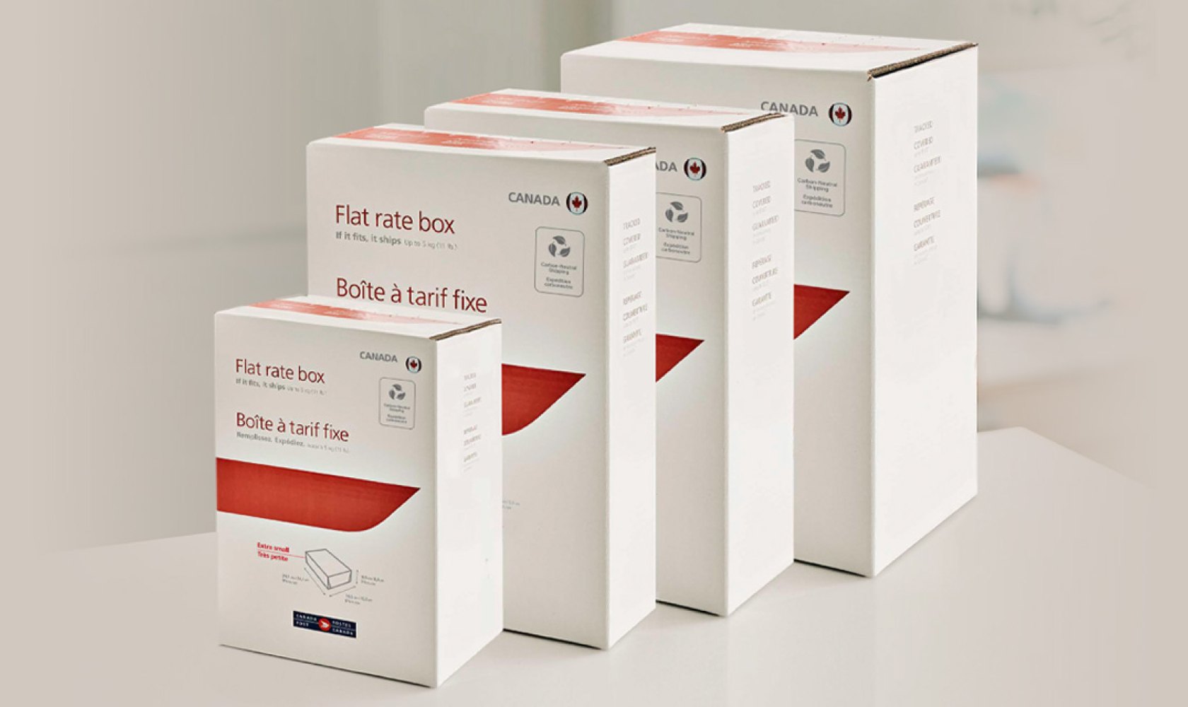 The 4 sizes of Canada Post flat rate boxes, including the new extra-small size. 