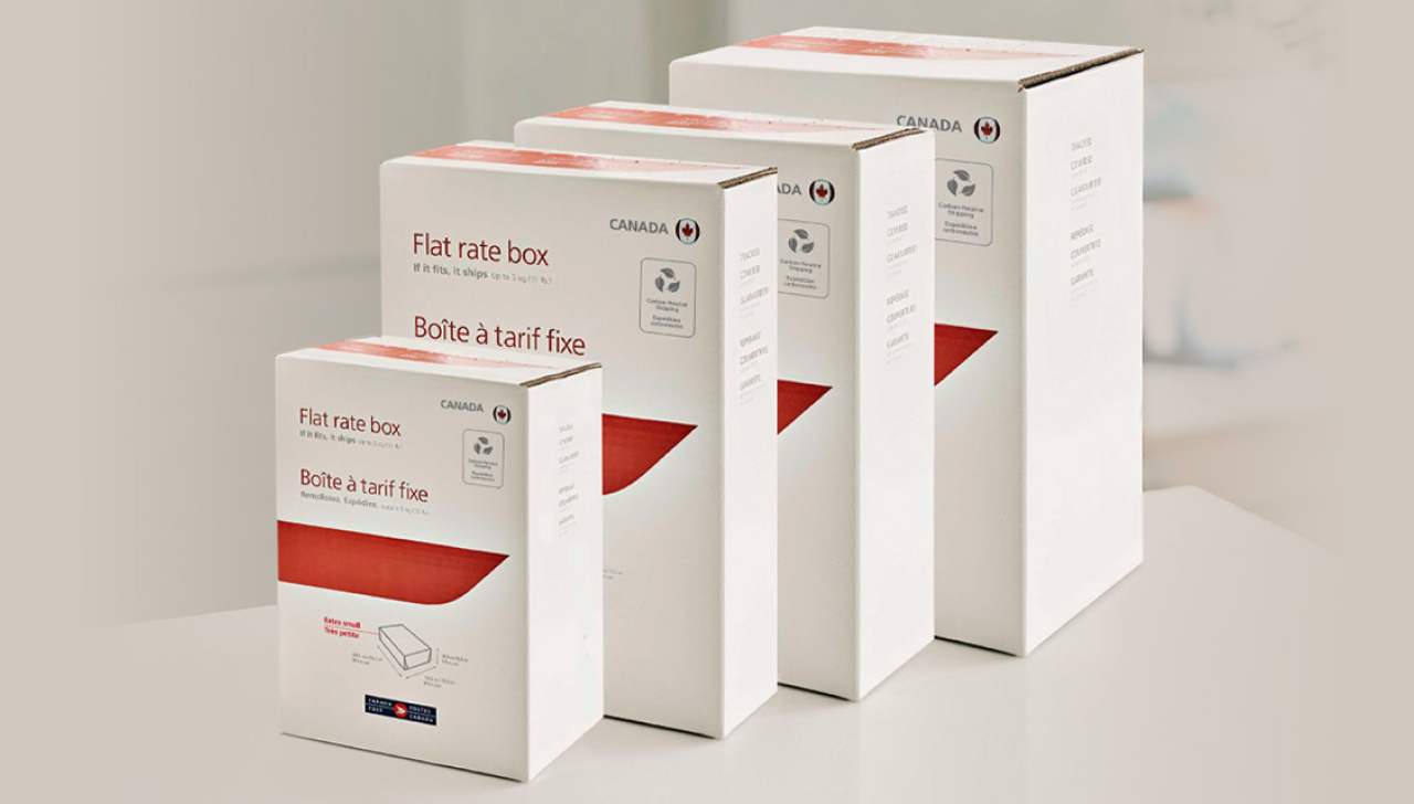 The 4 sizes of Canada Post flat rate boxes, including the new extra-small size. 