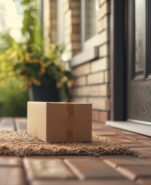 A delivered package sits on a doorstep.