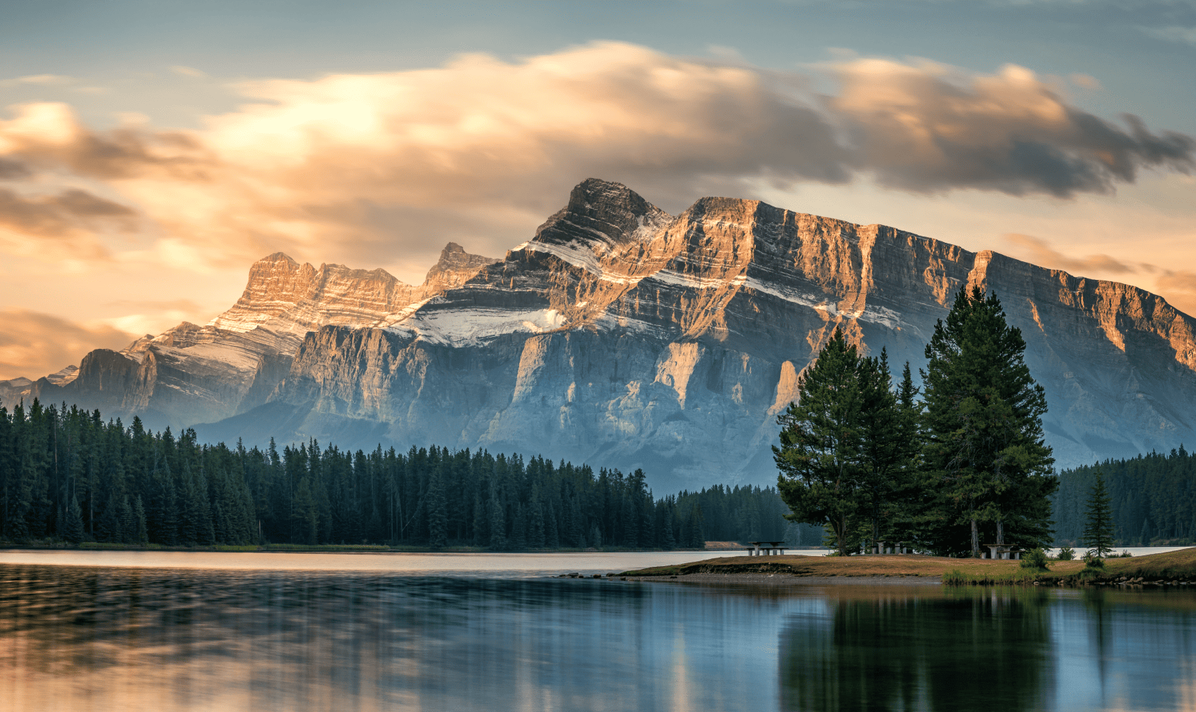Canadian landscape featuring a forest with mountains in the background.