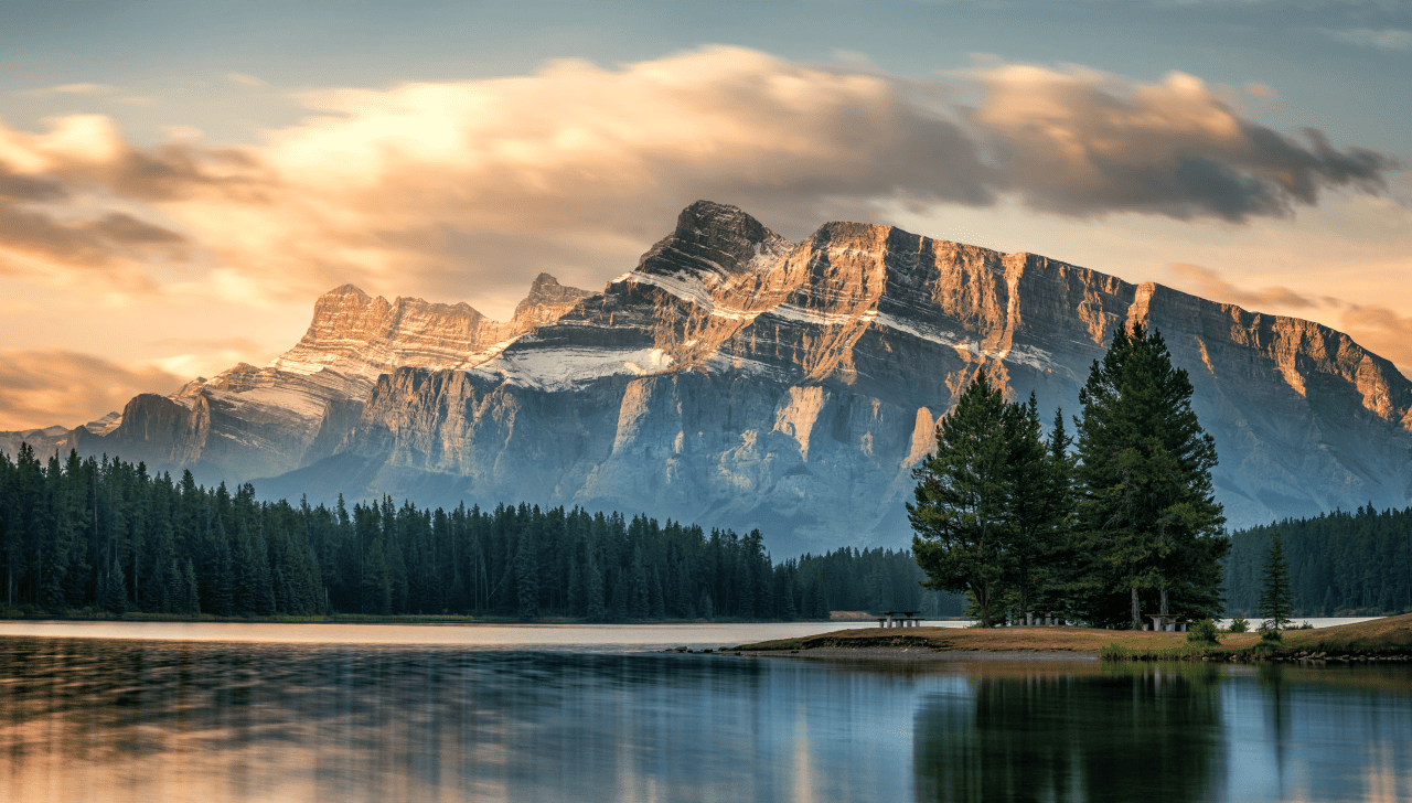 Canadian landscape featuring a forest with mountains in the background.