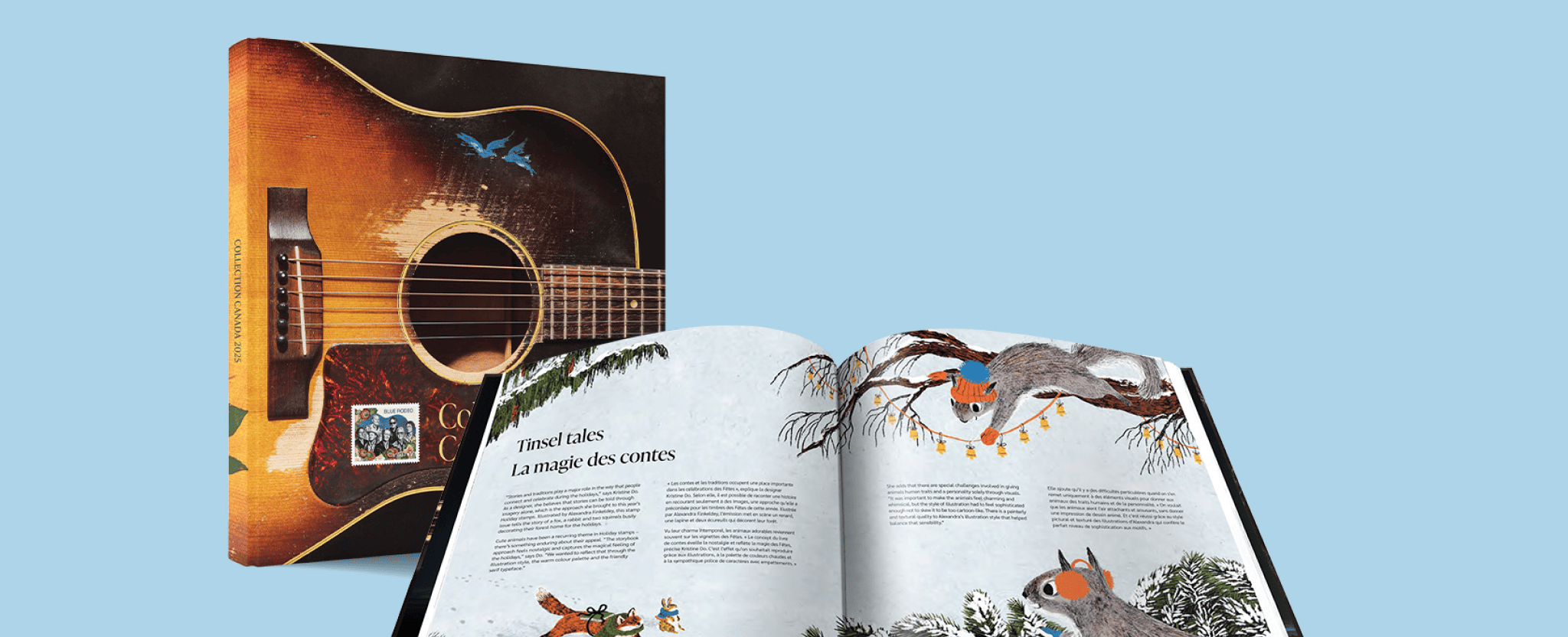 The cover of Collection Canada 2025 features an image of a guitar and the Blue Rodeo stamp. The book is shown open to the Tinsel Tales stamp story.