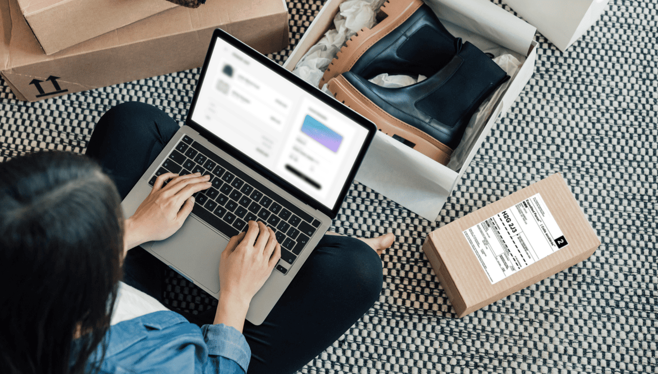 A woman sits on the floor with a laptop, preparing a pair of boots for an online return.