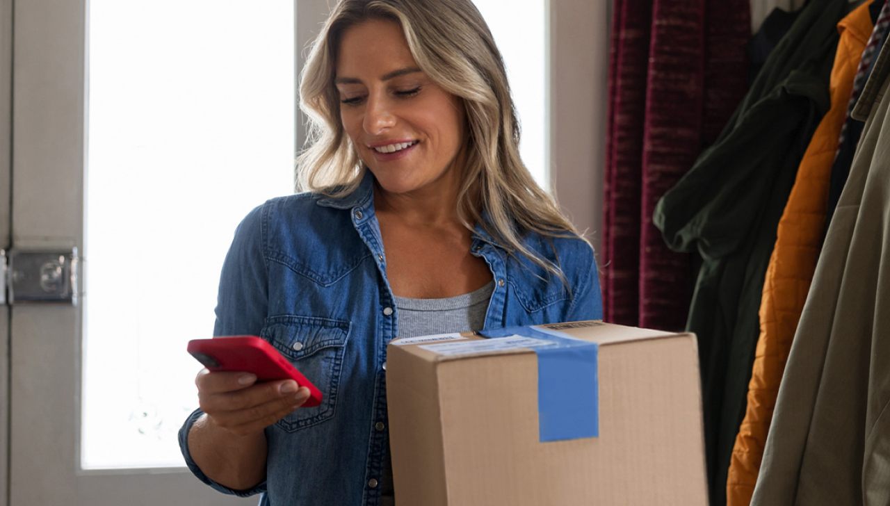 A smiling woman looks at her smart phone as she holds a package.