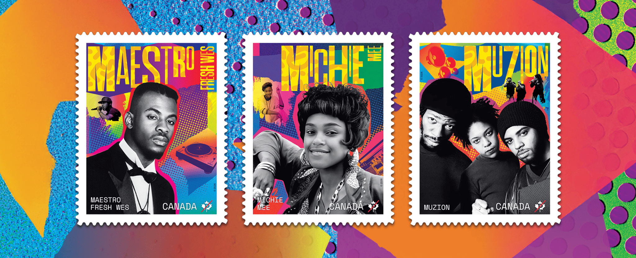 The three Black History Month series stamps feature Canadian hip-hop artists Maestro Fresh Wes, Michie Mee and Muzion.