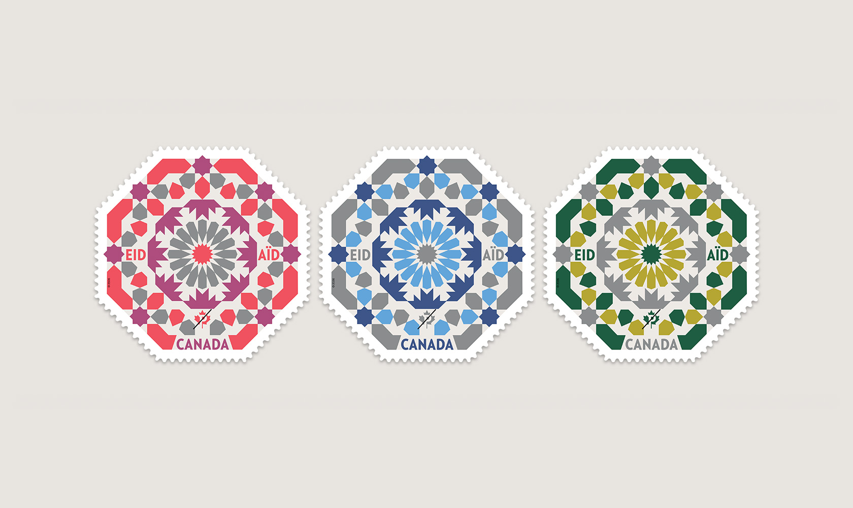 3 Eid stamps featuring geometric patterns with stylized images of a maple leaf, representing Canadian cultural diversity and Islamic tradition.