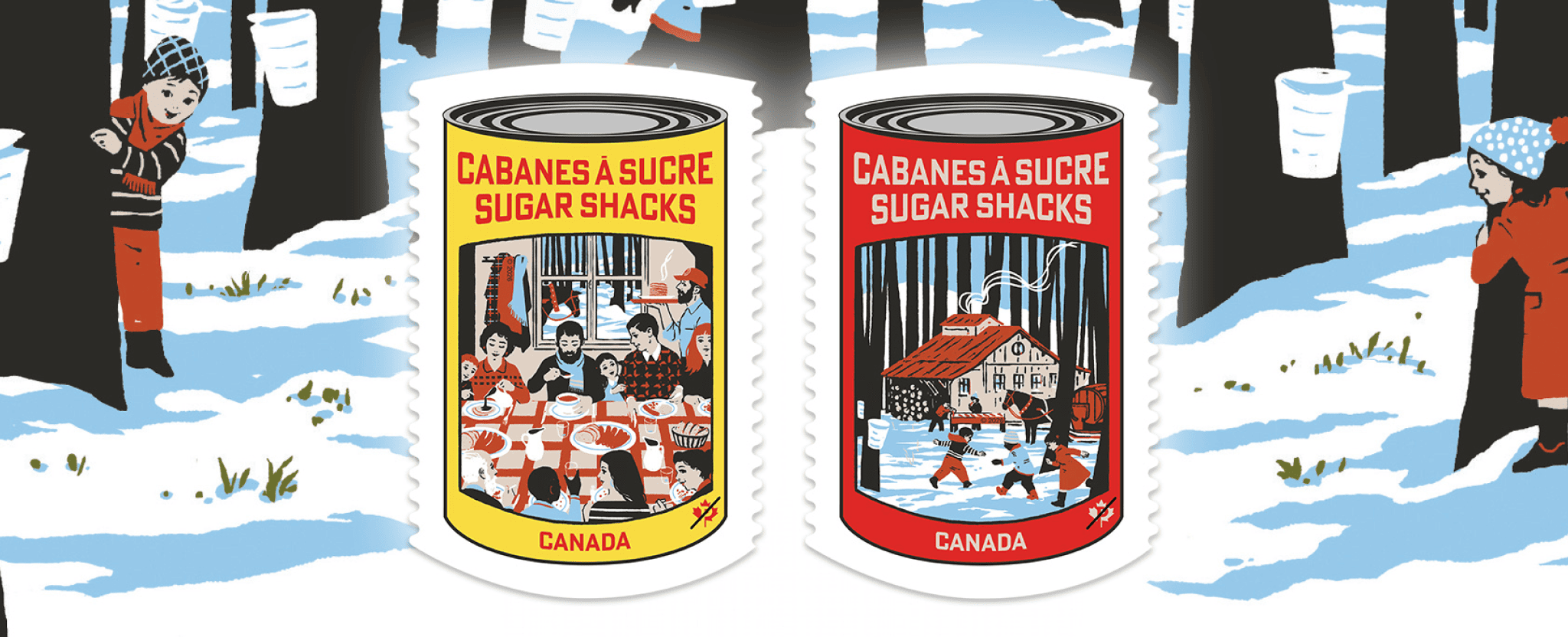 Two colourful maple syrup can–shaped stamps showing sugaring off season in a folk art style inspired by 1940s–1950s commercial imagery.