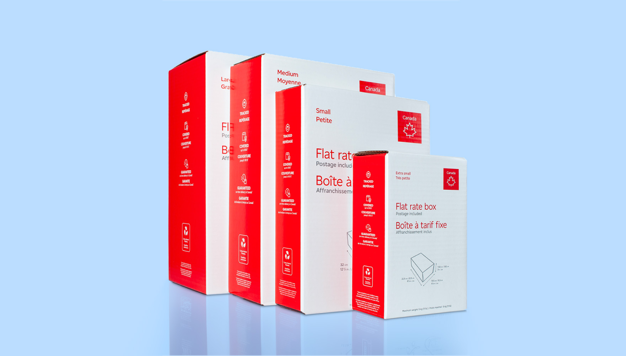 The 4 sizes of Canada Post flat rate boxes.