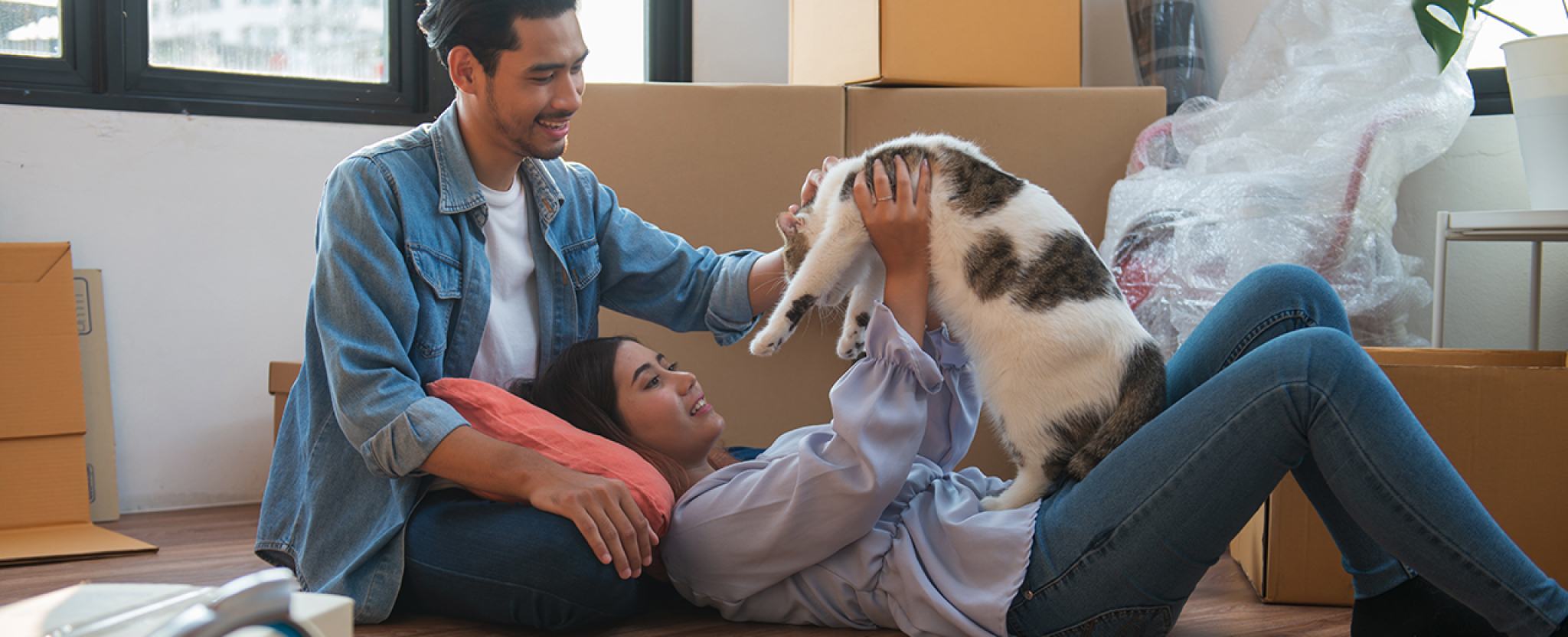 A smiling couple play with a cat on the floor. There is a small stack of mail beside them and stacked cardboard boxes in the background.
