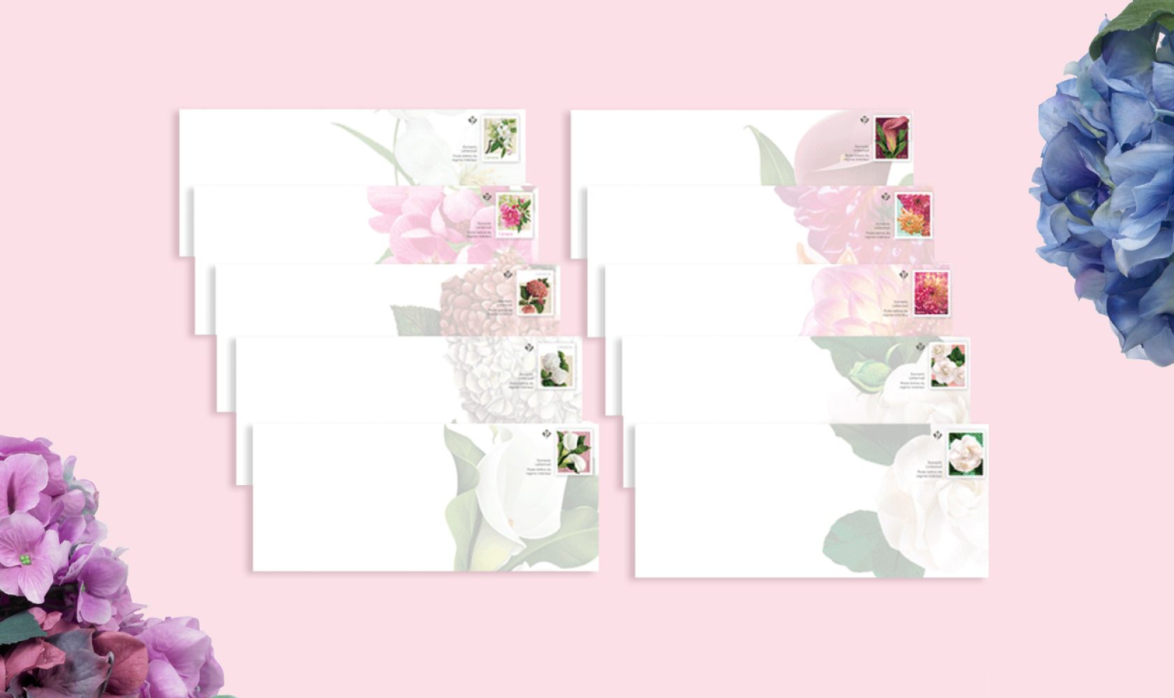 Stamped envelopes from Canada Post’s flower stamp issues.