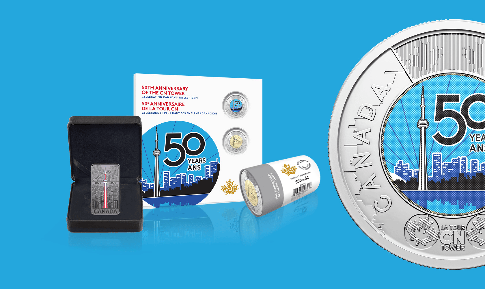 CN Tower 50th Anniversary Collectibles including the Fine Silver Coin, Commemorative Collector Keepsake Card and Special Wrap Roll.