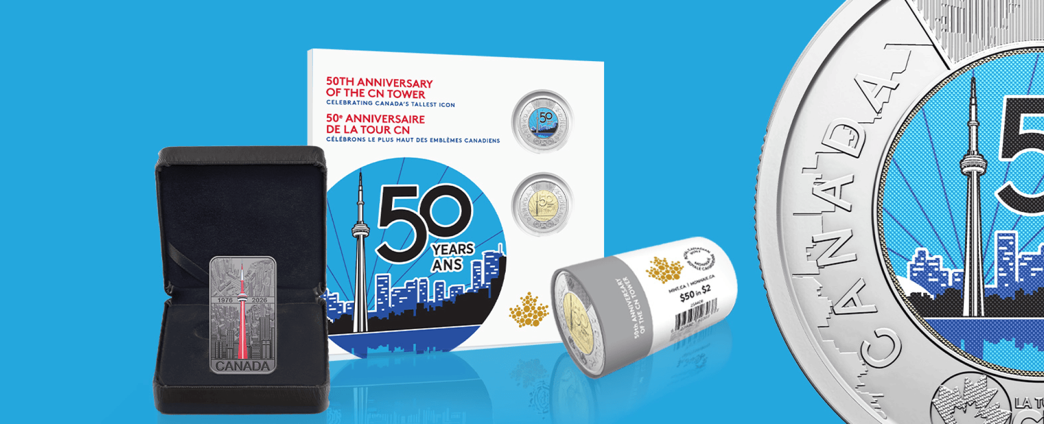 CN Tower 50th Anniversary Collectibles including the Fine Silver Coin, Commemorative Collector Keepsake Card and Special Wrap Roll.