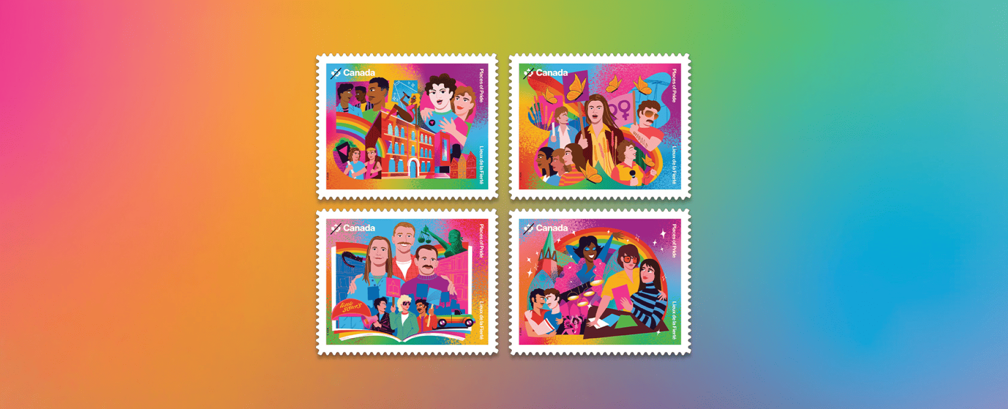 The 4 “Places of Pride” stamps showing 2SLGBTQIA+ spaces in Canada: meeting spots, safe spaces, protest sites and community gathering spaces.