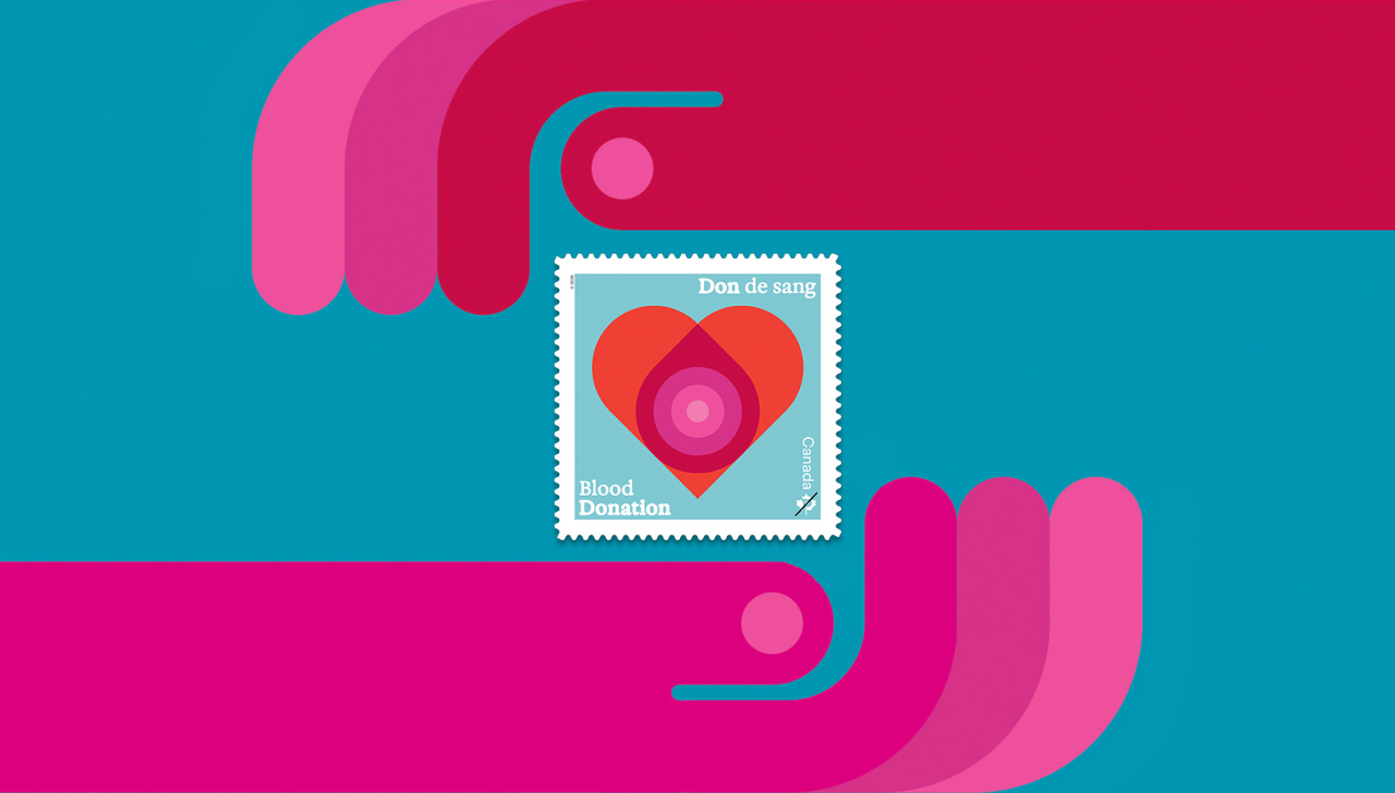 Abstract illustration of 2 curved hands framing a postage stamp with a red heart and the text “Don de sang / Blood Donation” on a teal background.