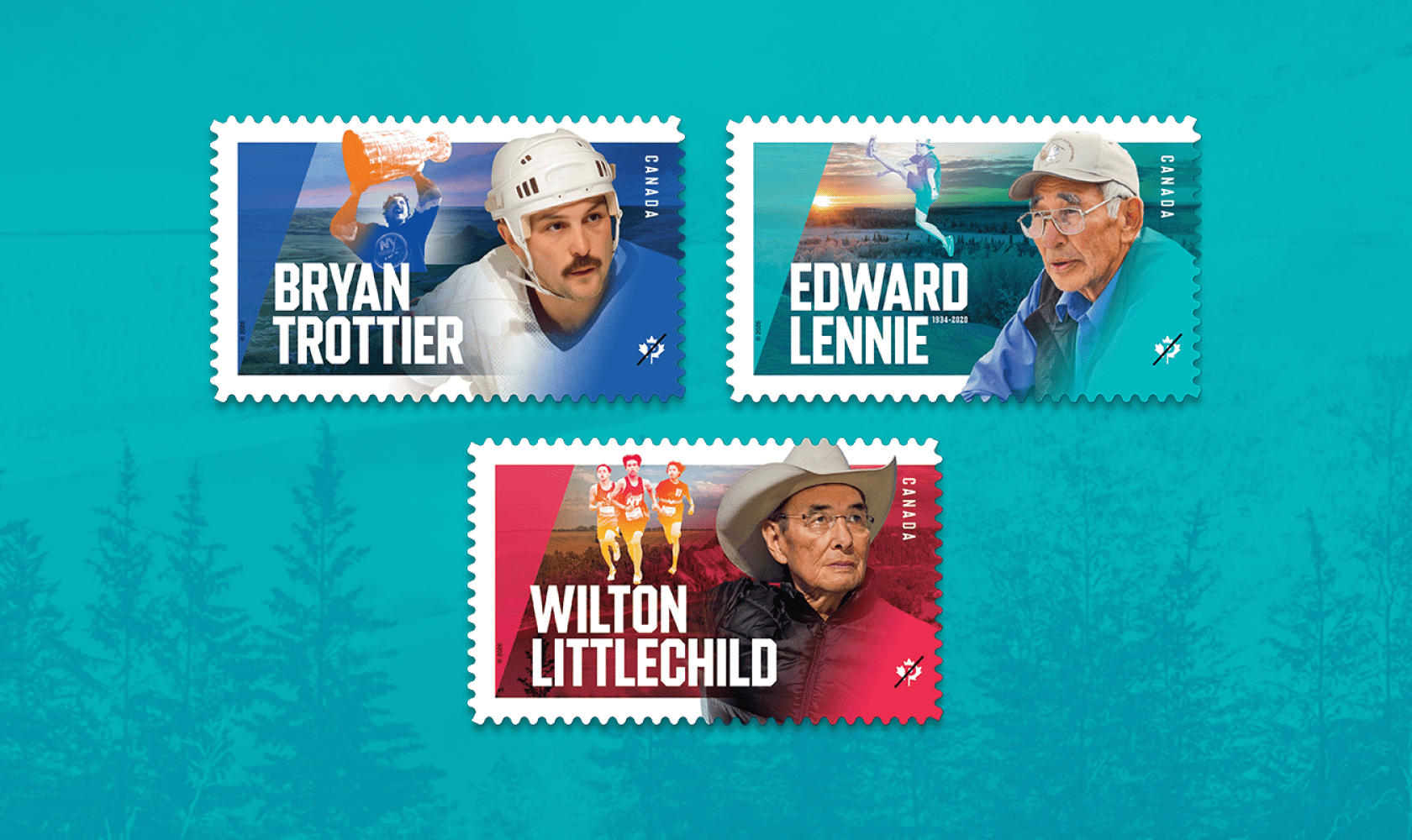 3 Indigenous Leaders stamps on teal background with portraits of Bryan Trottier, Edward Lennie and Wilton Littlechild, in blue, teal, and red blocks.