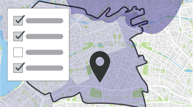 Neighbourhood map graphic with an area highlighted and a checklist showing the ability to select/deselect data layers.