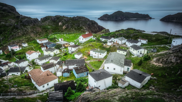 Aerial view of a small seaside neighbourhood in the Maritimes.