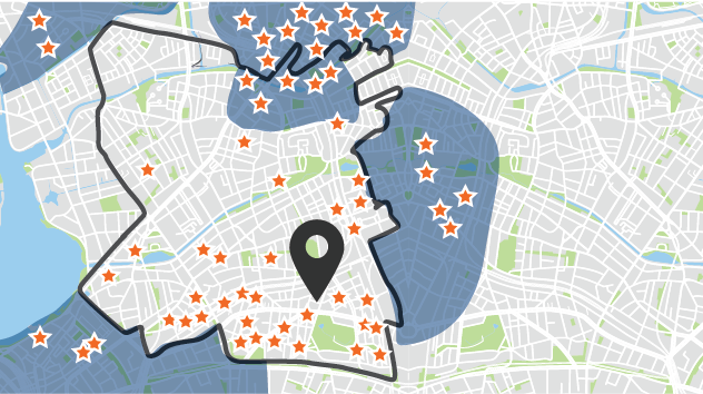 Neighbourhood map graphic with multiple postal code areas highlighted.