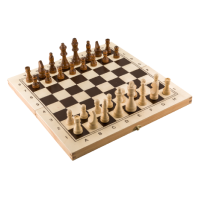 Wooden chess set with pieces arranged for play on a checkered board, viewed at an angle on a light background.