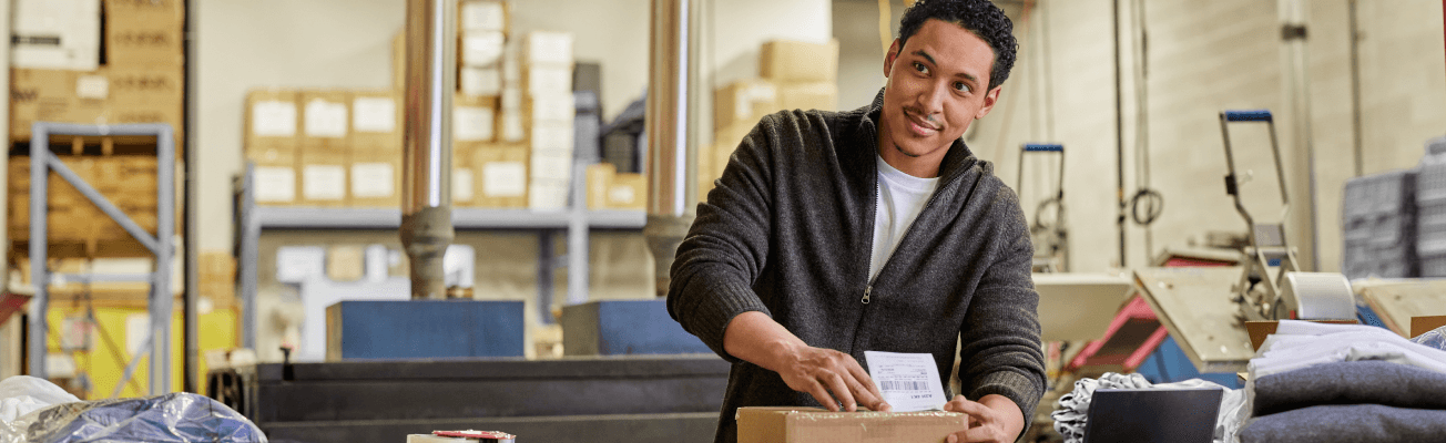 A man in a warehouse stands at a table as he prepares piles of clothing for shipping.