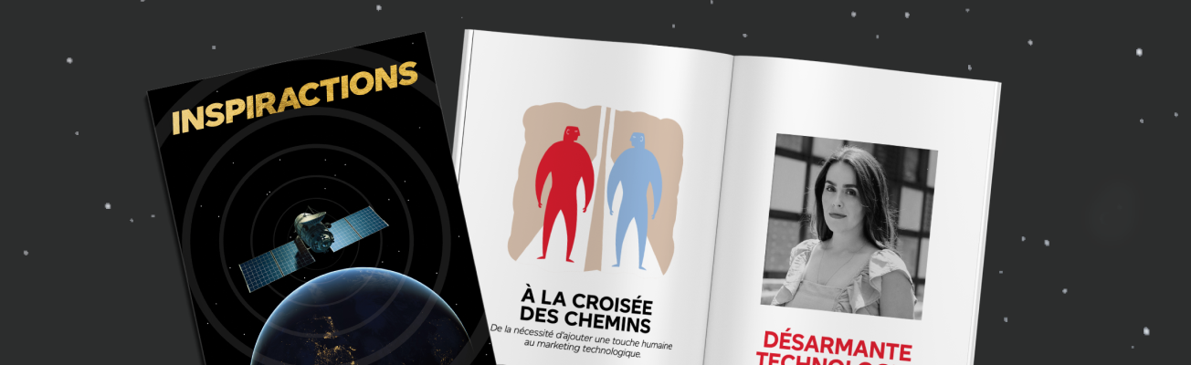 La page couverture de l’édition « Techno et marketing » du magazine INSPIRACTIONS et vue sur la page de l’article « À la croisée des chemins ».