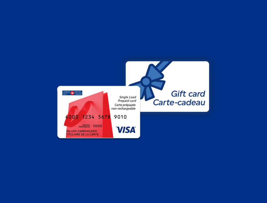 Une carte-cadeau avec une illustration de nœud bleu et une carte Visa prépayée non rechargeable de Postes Canada.