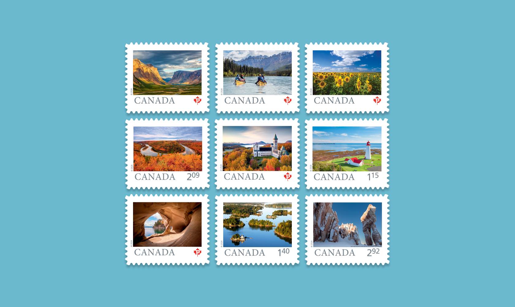 Les 9 timbres de la série Terre de nos aïeux célèbrent la beauté et la diversité des paysages naturels et culturels du Canada.