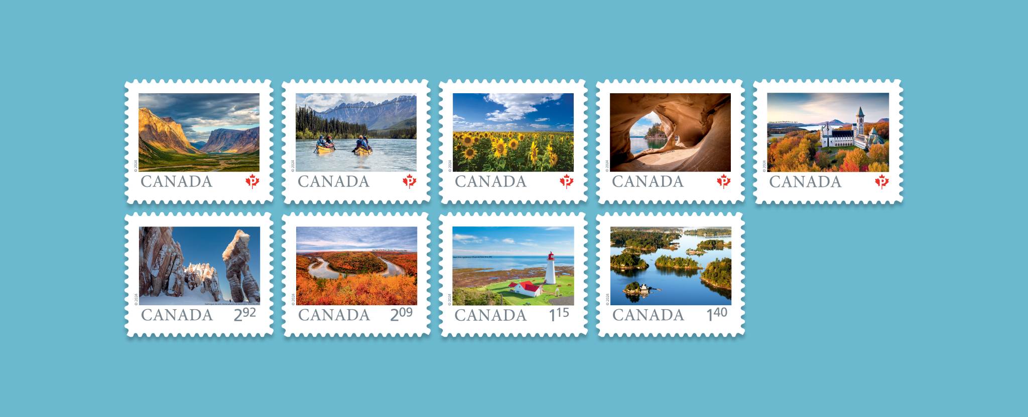 Les 9 timbres de la série Terre de nos aïeux célèbrent la beauté et la diversité des paysages naturels et culturels du Canada.