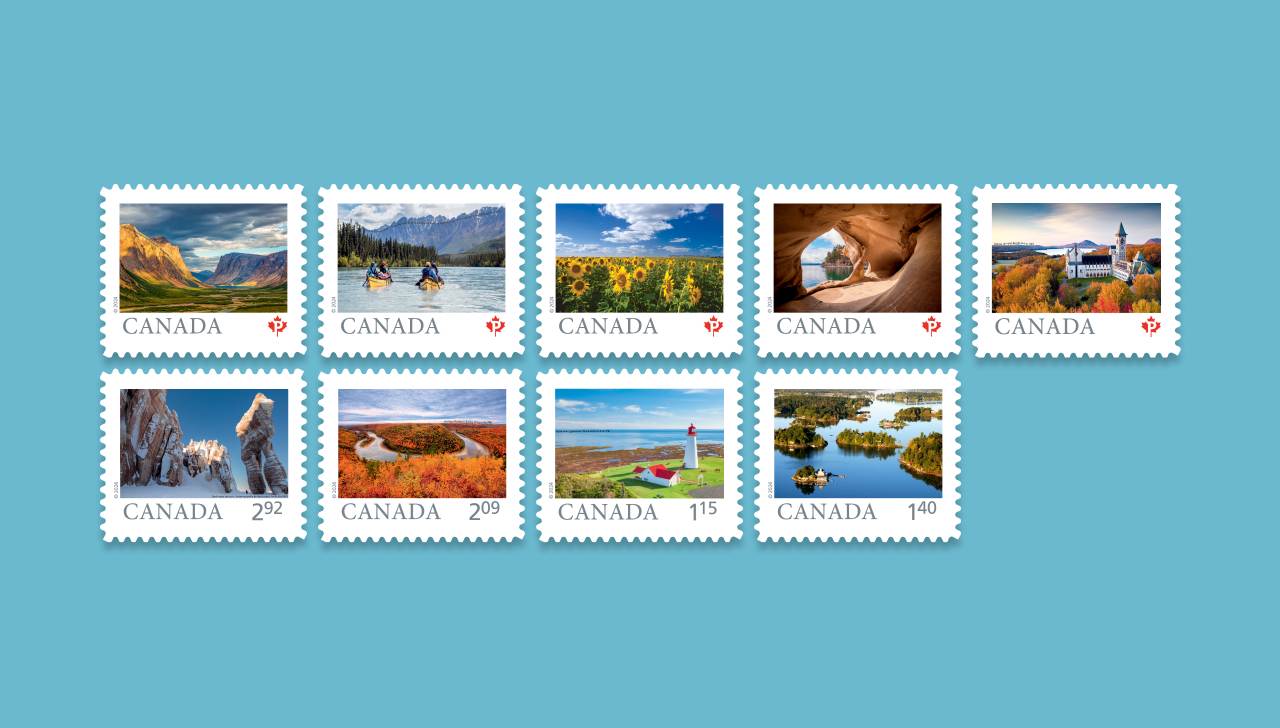 Les 9 timbres de la série Terre de nos aïeux célèbrent la beauté et la diversité des paysages naturels et culturels du Canada.