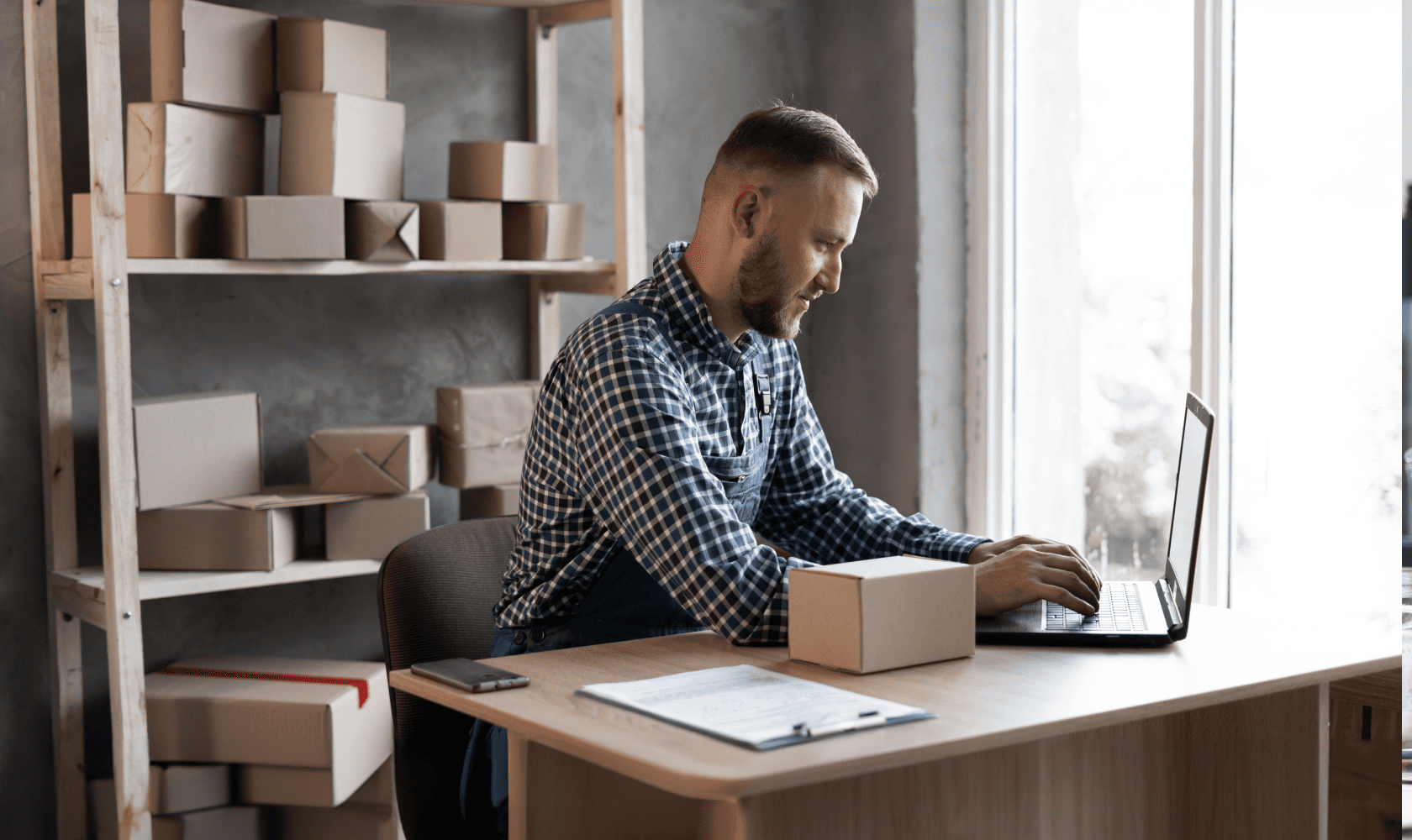 Assis à son bureau dans une pièce remplie de boîtes, un homme tape sur le clavier de son ordi portable.