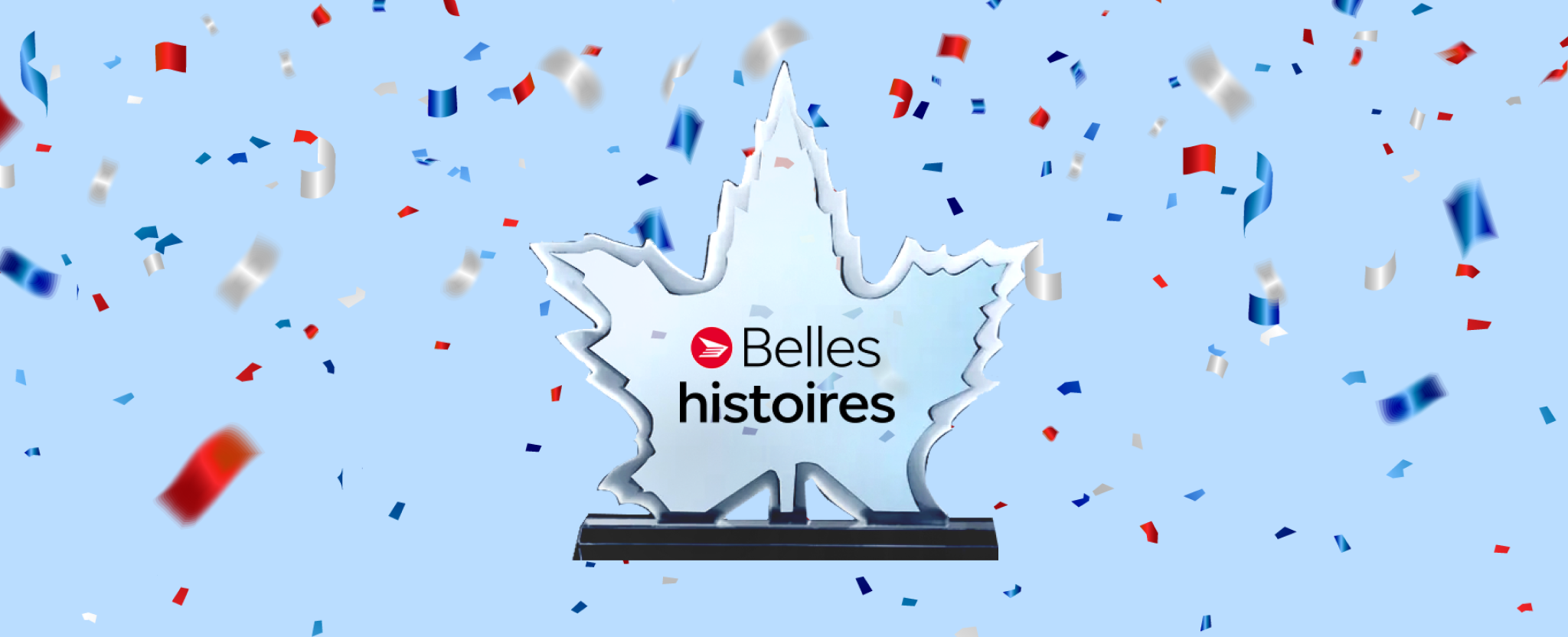 Un trophée en forme de feuille d’érable sur lequel est inscrit « Les belles histoires ».