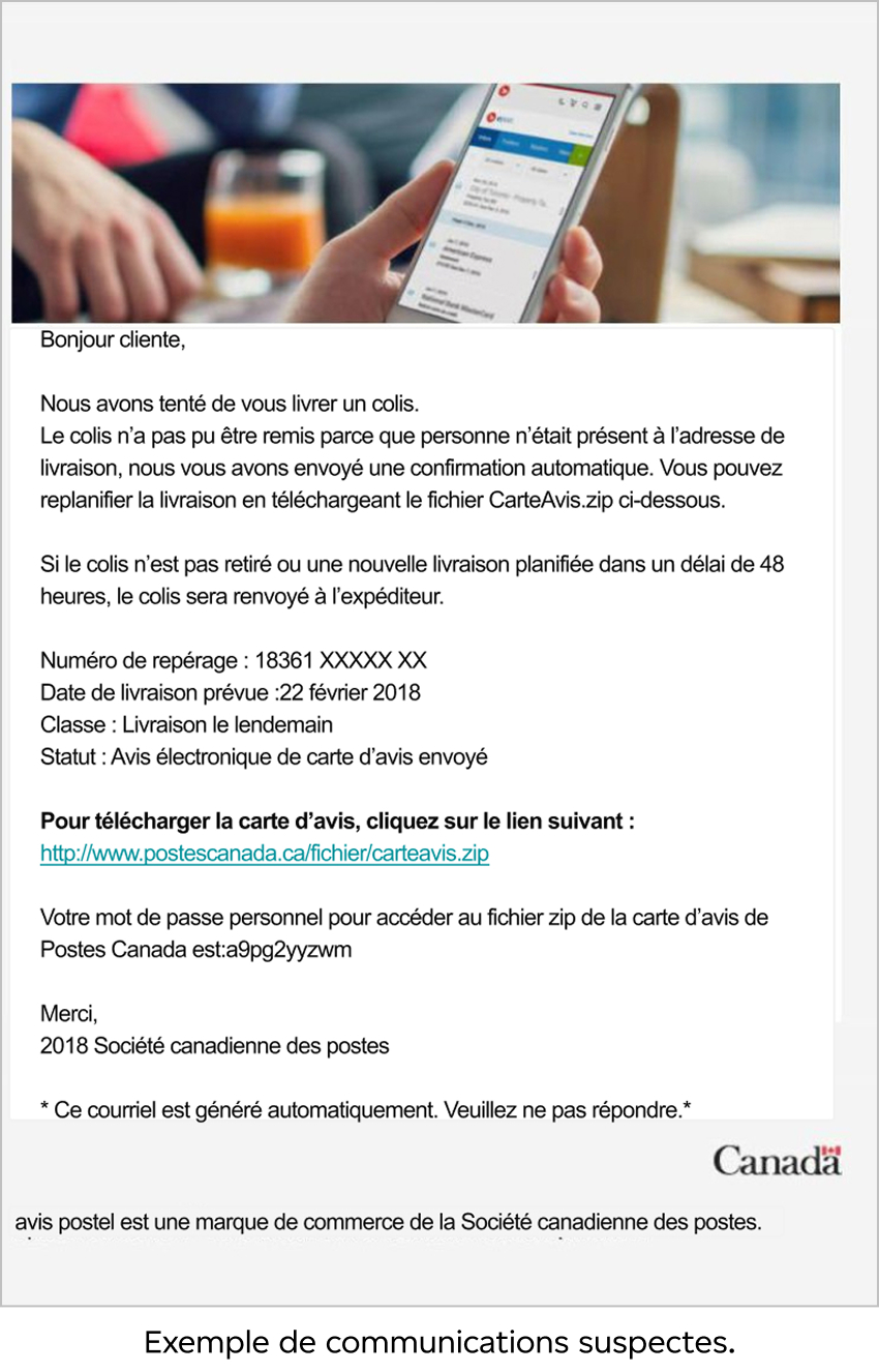 Courriel frauduleux semblant provenir de Postes Canada; la salutation, le lien, le ton et la qualité du texte sont suspects.