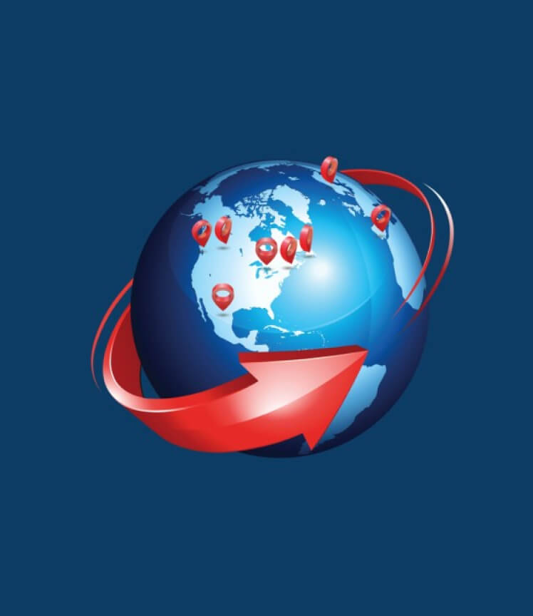 Une flèche rouge fait le tour du globe. Des punaises rouges indiquent des emplacements dans le monde, illustrant la portée de MoneyGram.