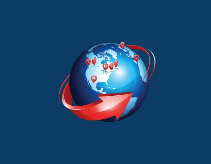 Une flèche rouge fait le tour du globe. Des punaises rouges indiquent des emplacements dans le monde, illustrant la portée de MoneyGram.